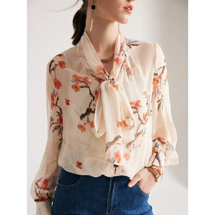 Elegant Floral Silk Blend Bow Collar Blouse