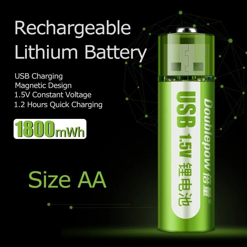 USB Rechargeable 1.5V AA Li-Ion Battery - 1800mWh High-Capacity for Electronic Devices