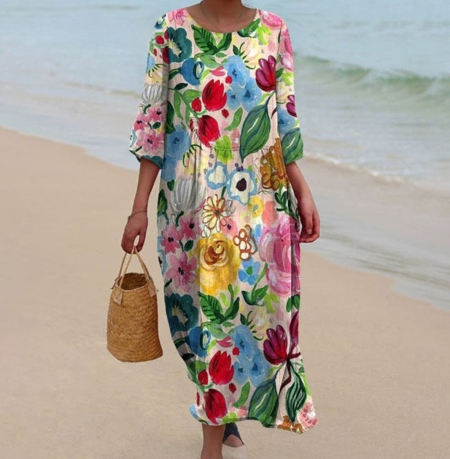 Round-neck Long Printed Casual Fashion Ladies Dress