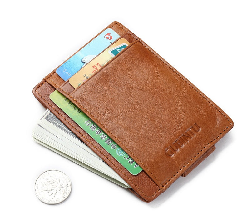 Fashion Men Magnet Money Clip Thin Credit Card Holder Genuine Leather Front RFID Pocket Wallet Blocking