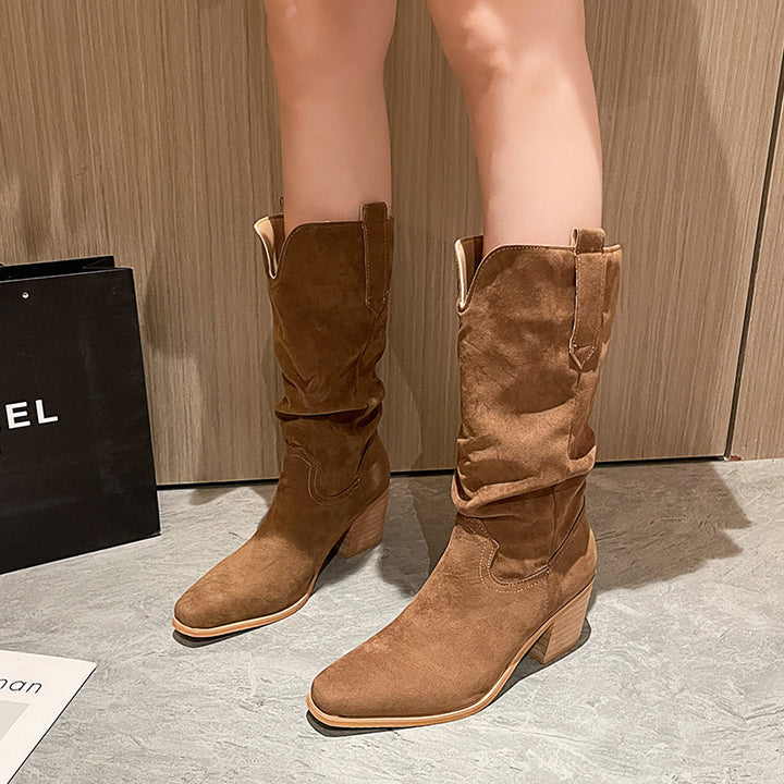 Casual Thick Heel Pointed Pleated Mid-calf Length Loose Socks Boots