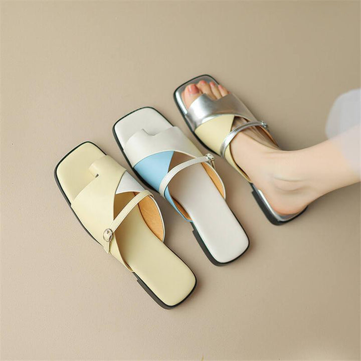 Summer Leather Slippers for Women - Low Heel Square Toe Mixed Color Shoes