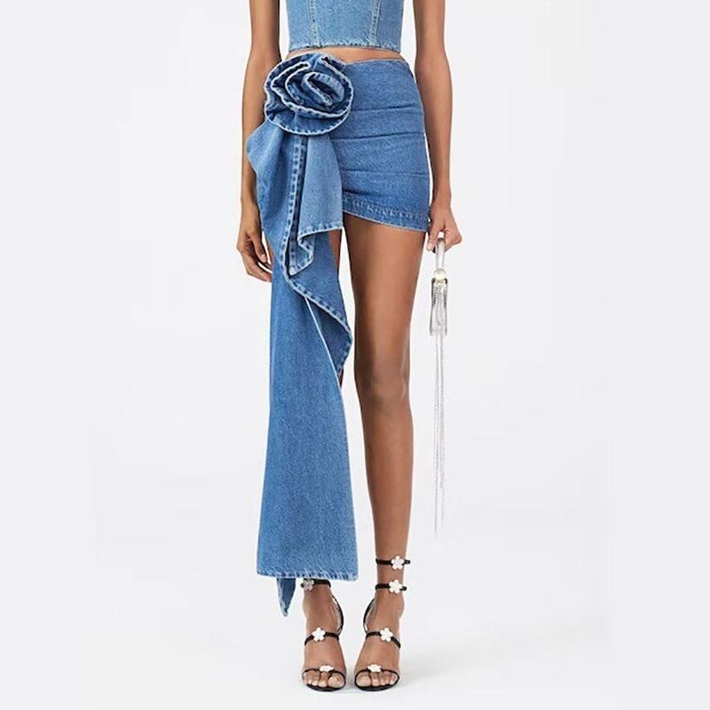 Chic High Waist Blue Denim Skirt with 3D Rose Detail