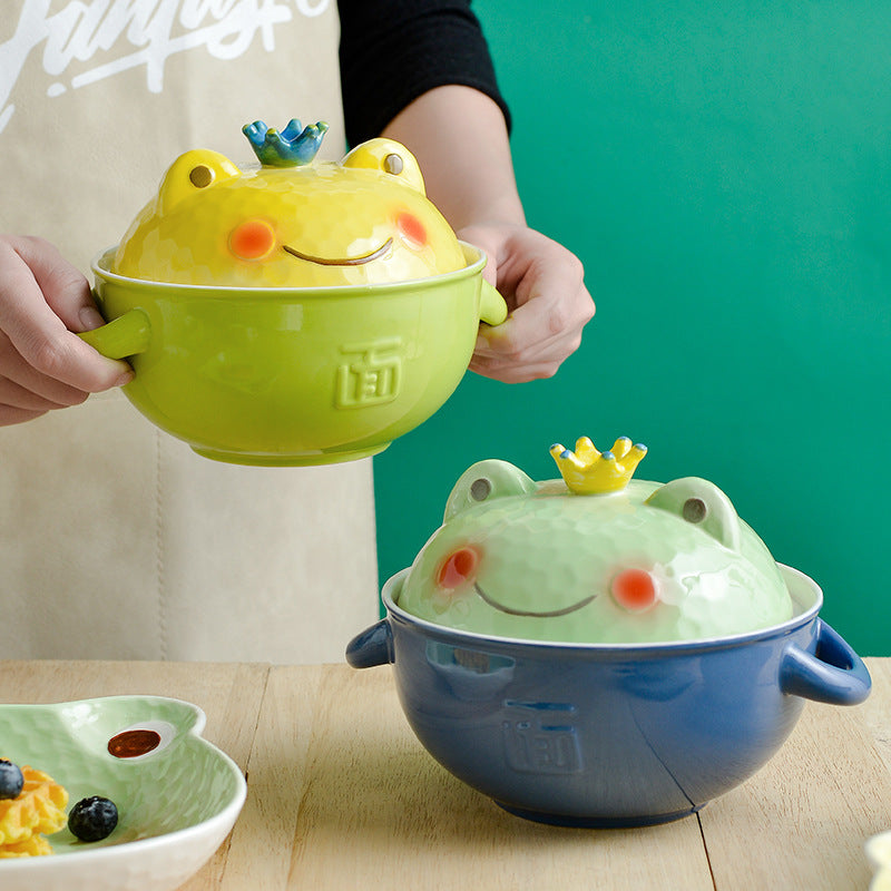 Ceramic Instant Noodle Cute Double-ear With Lid Cartoon Frog Soup Bowl