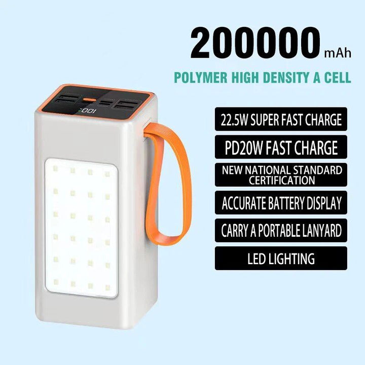 Ultra-Capacity 200000mAh Power Bank with 66W Fast Charge and LED Light