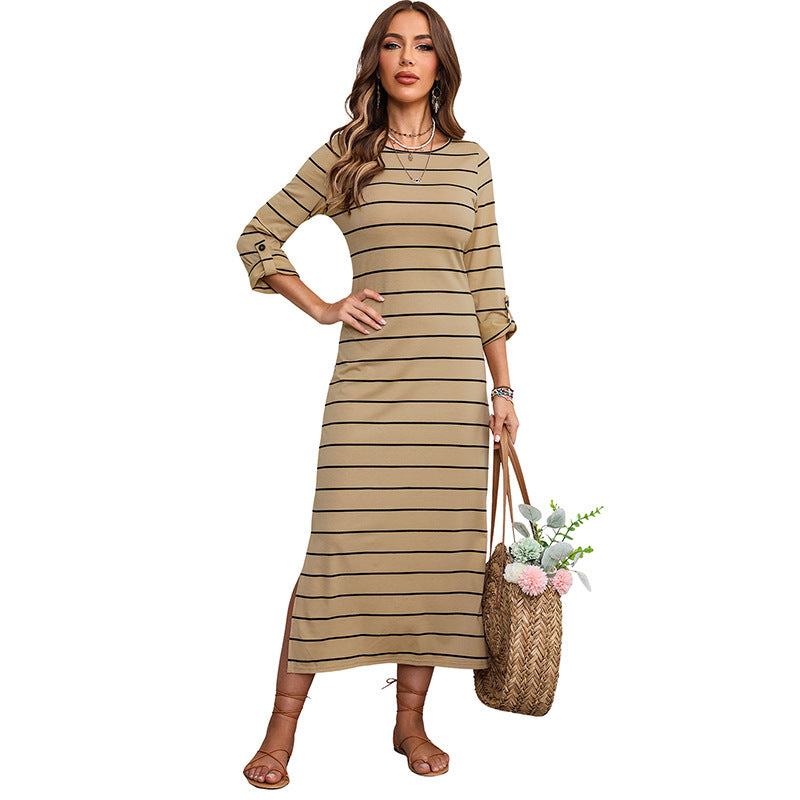 Long Sleeve Striped Printed All-matching Casual Style Pullover Dress