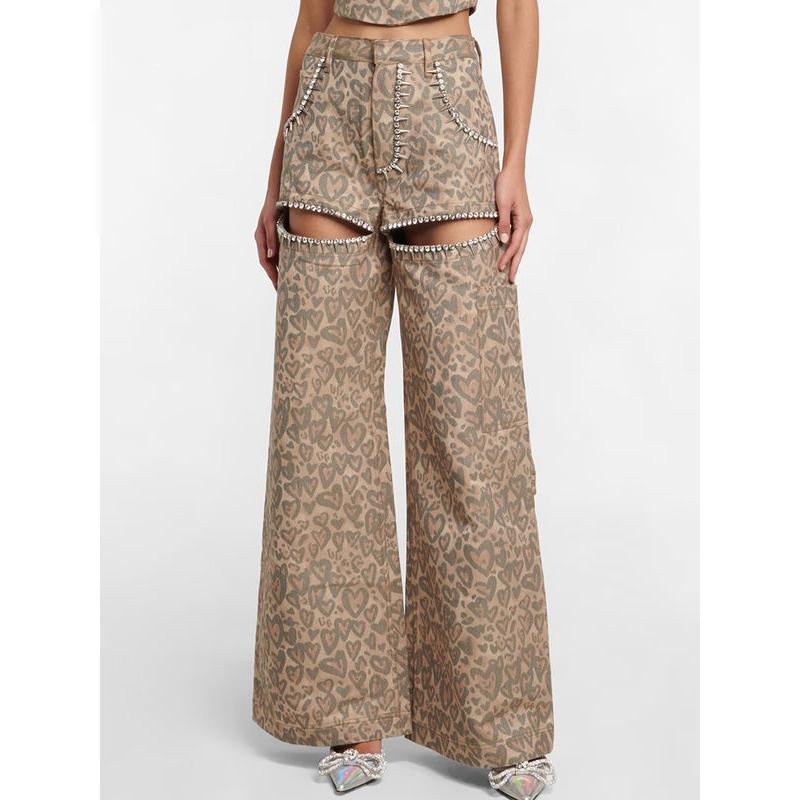 High Waist Leopard Patchwork Denim Wide-Leg Pants