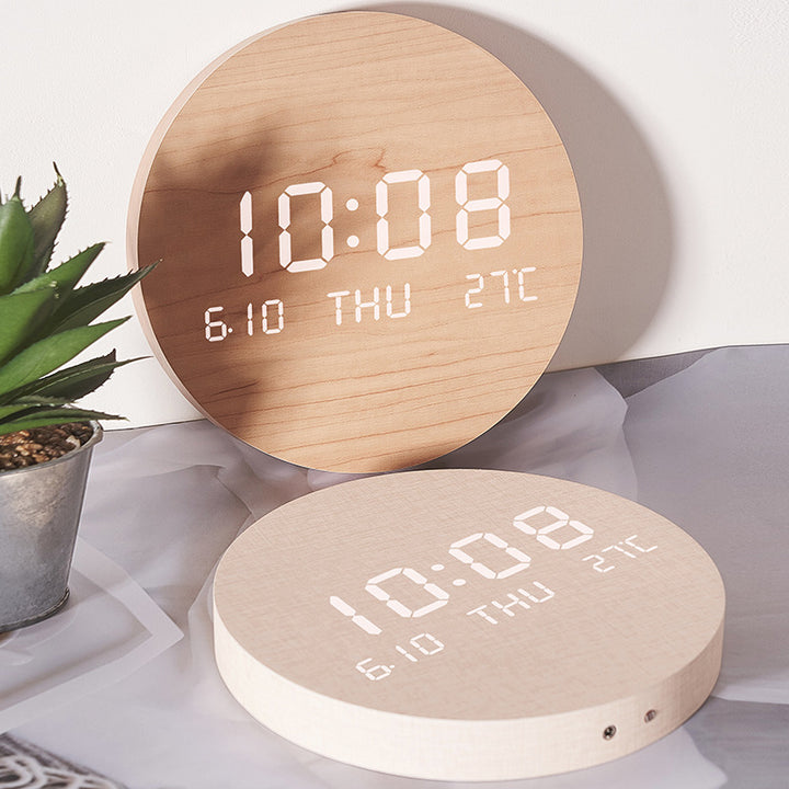 LED Wooden Wall Clock with Temperature Display, Silent Nordic Style