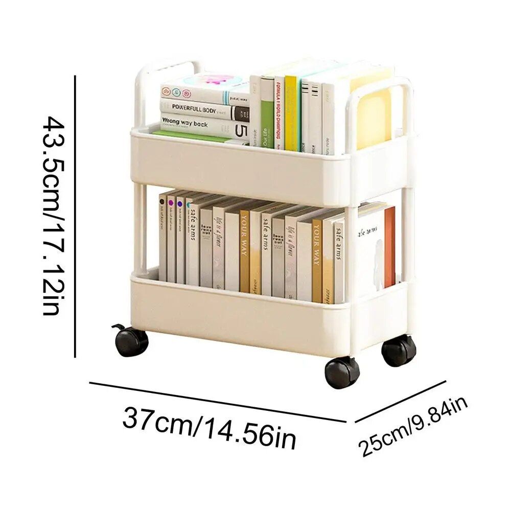 Compact 2-Tier Mobile Bookshelf Cart with Wheels