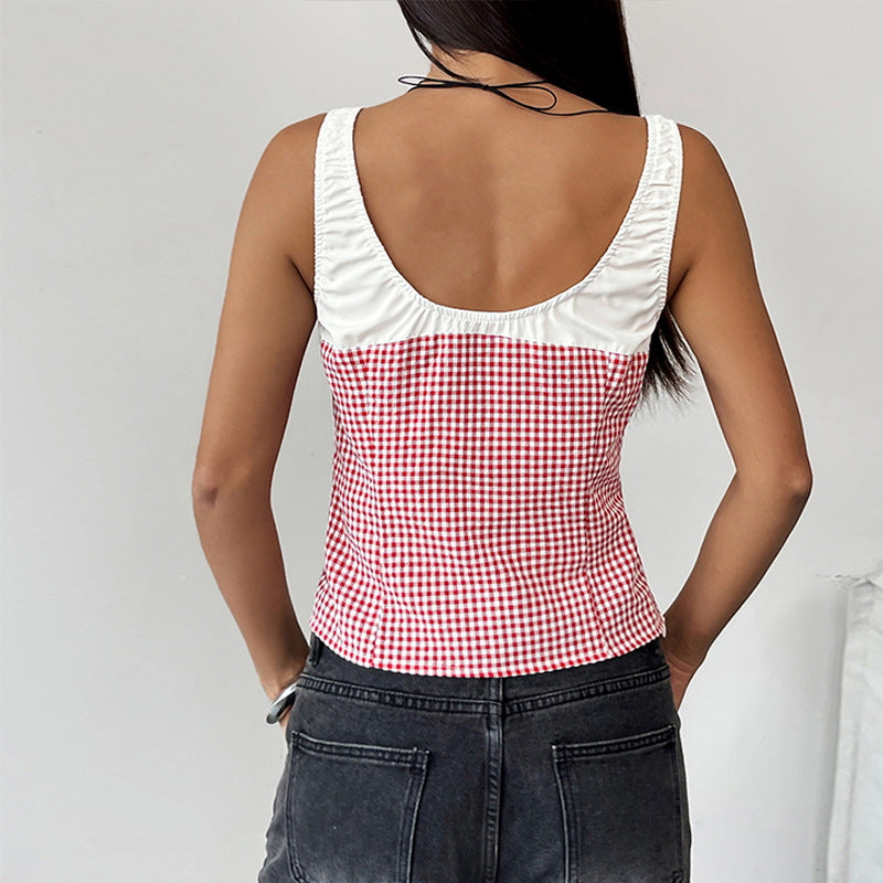 Casual Vest Elastic Lace Plaid Stitching Vest