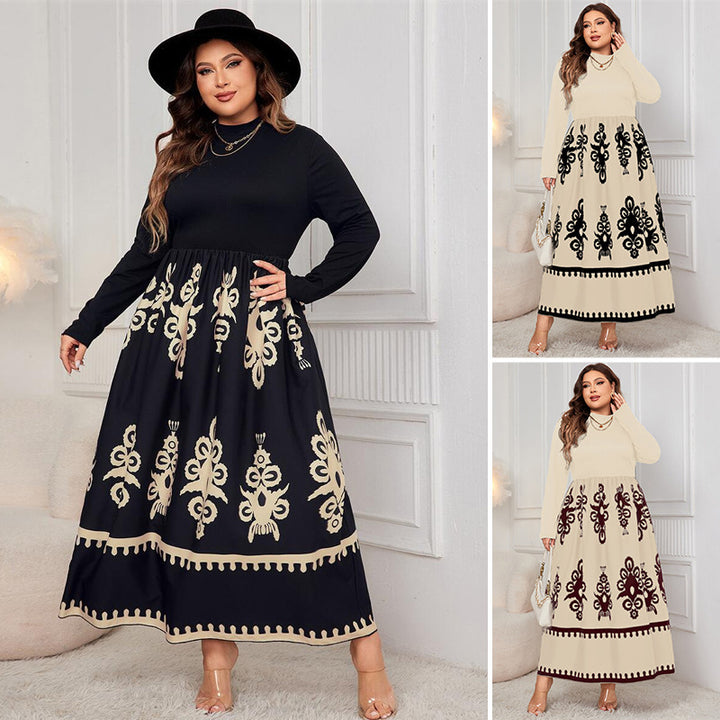 Printed Black Plus Size Loose Long Sleeve Dress