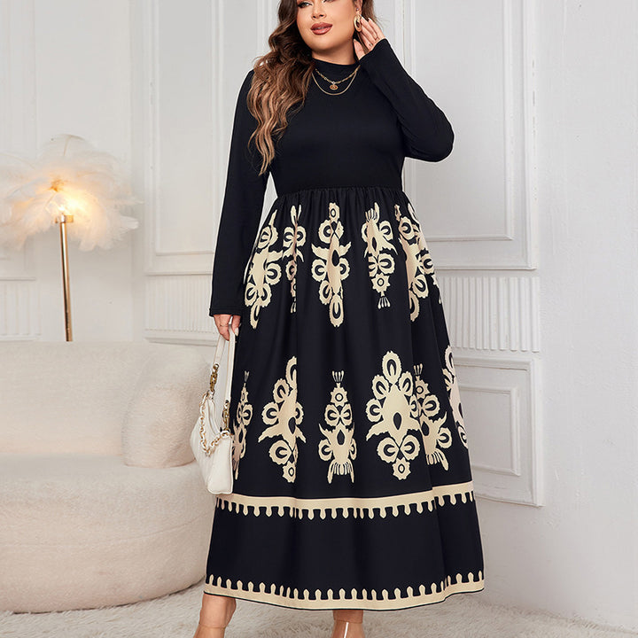 Printed Black Plus Size Loose Long Sleeve Dress