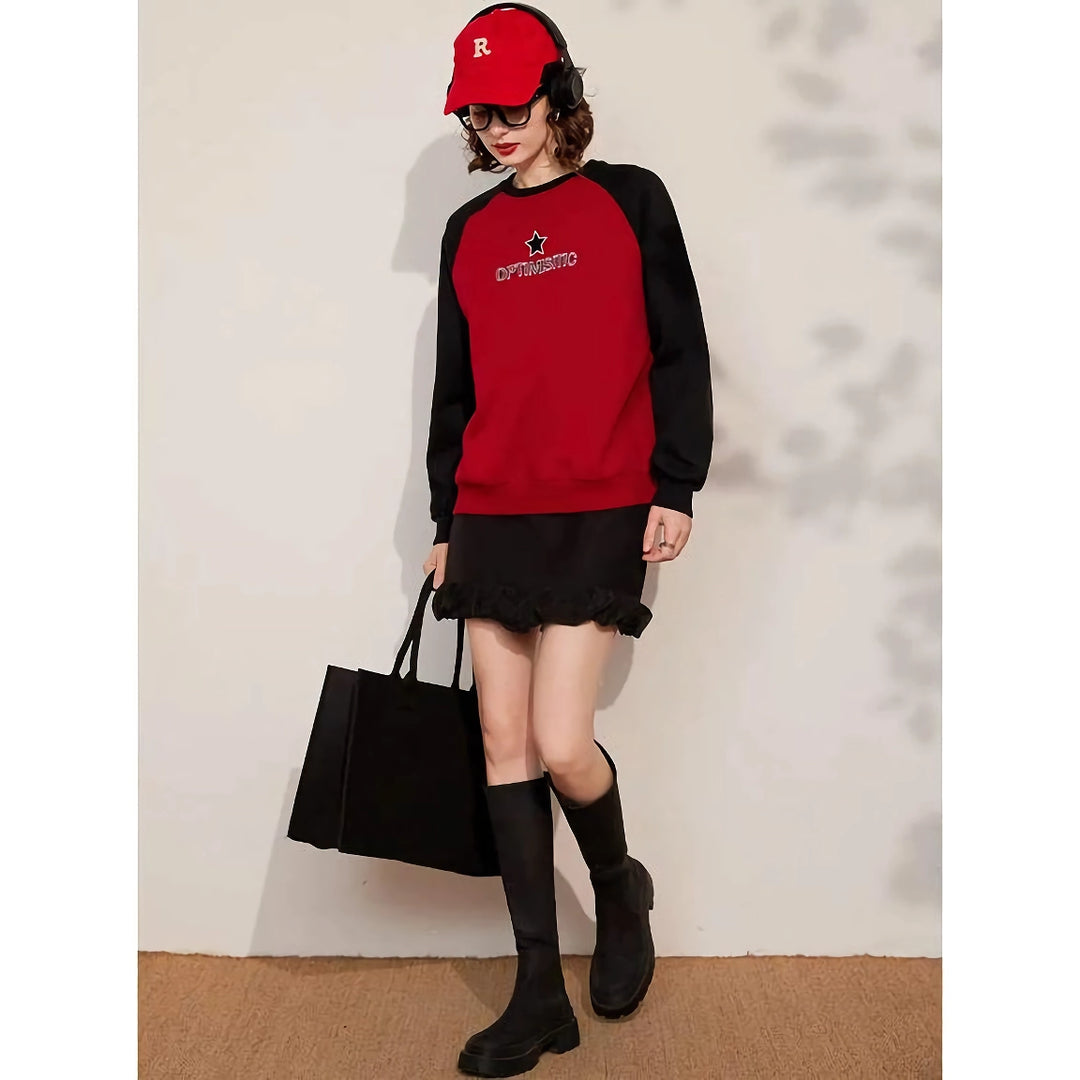 Sweatshirt Round Neck Long Sleeve Embroidered Loose Fit Pullover Top