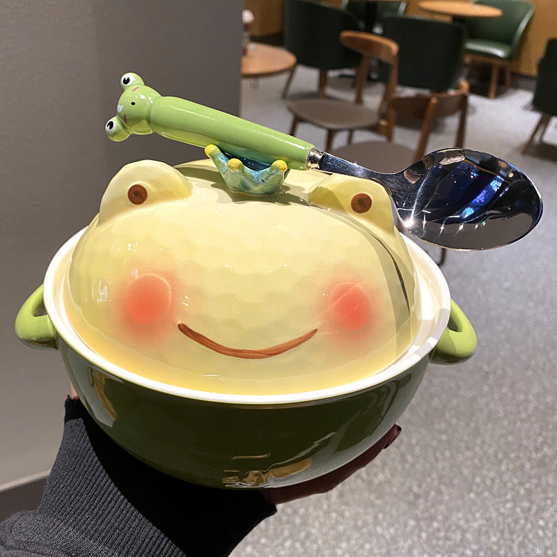 Ceramic Instant Noodle Cute Double-ear With Lid Cartoon Frog Soup Bowl