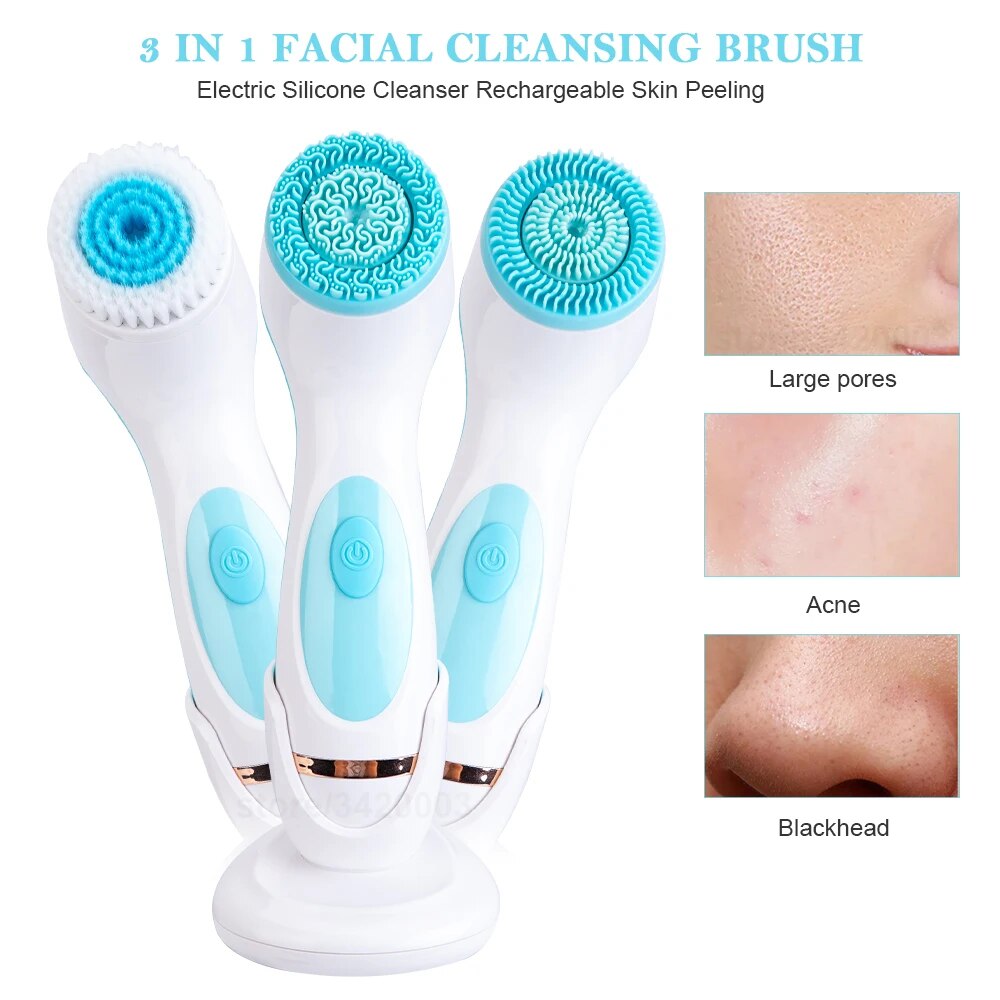 3-in-1 Sonic Rotating Facial Cleansing Brush: Waterproof, Rechargeable & Deep Cleaning Spa System