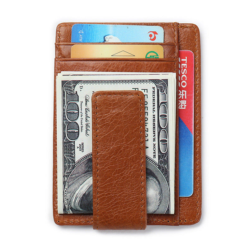 Fashion Men Magnet Money Clip Thin Credit Card Holder Genuine Leather Front RFID Pocket Wallet Blocking