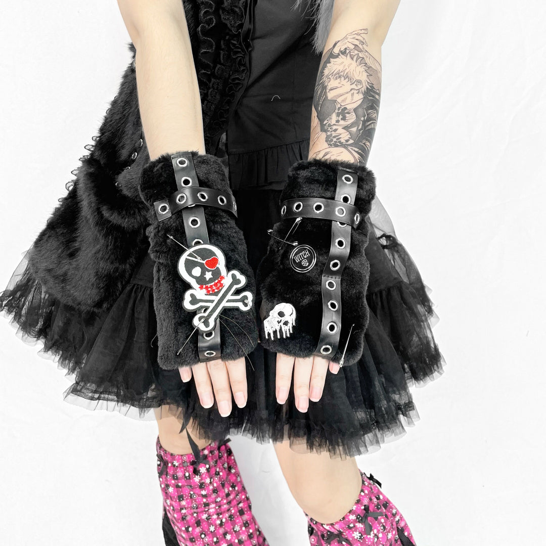 Punk Black Furry Skull Five Finger Sleeve