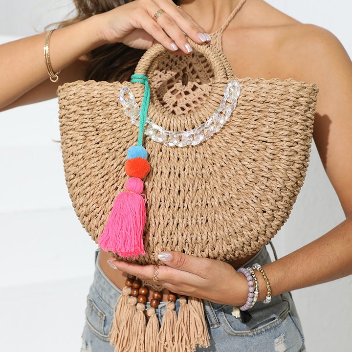 Handwoven Rattan Beach Handbag with Acrylic Chain