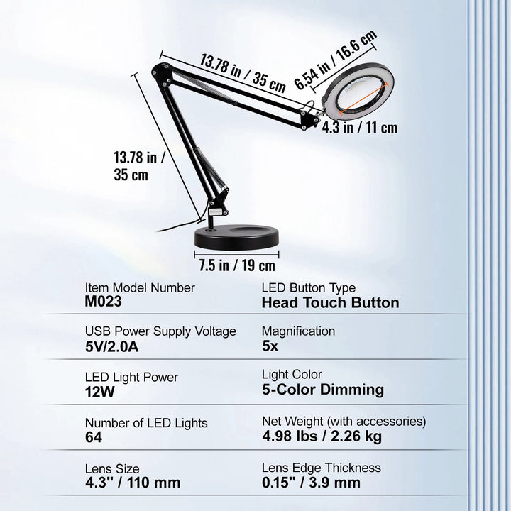 5X LED Magnifying Lamp with Adjustable Light and Clamp