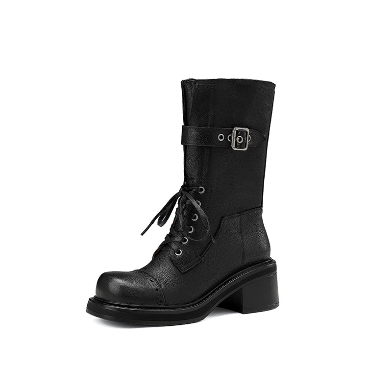 Retro Mid-Calf Buckle Motorcycle Boots for Women