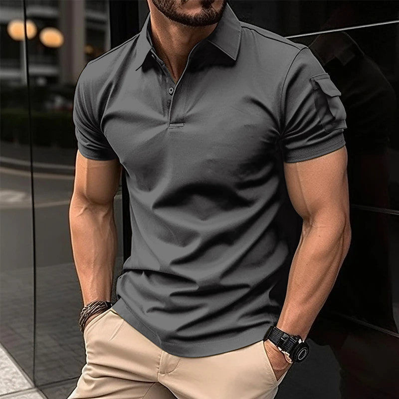 European And American Summer Men's Lapel Button P Arm Short Sleeve Pocket Sweatshirt