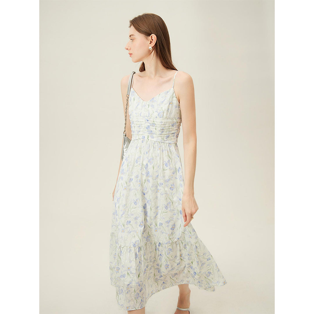 Summer Floral A-Line Midi Dress with Spaghetti Straps