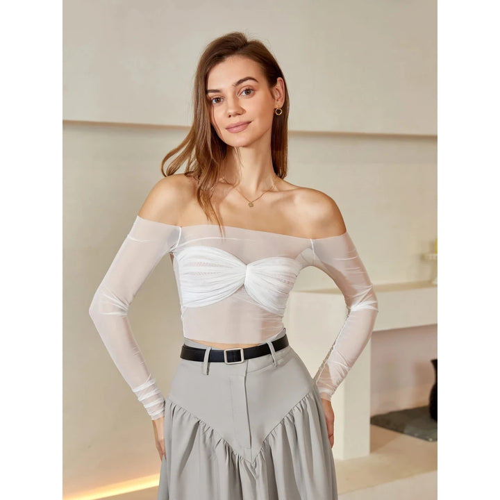 Sexy Off-Shoulder Twist Front Sheer Blouse for Women