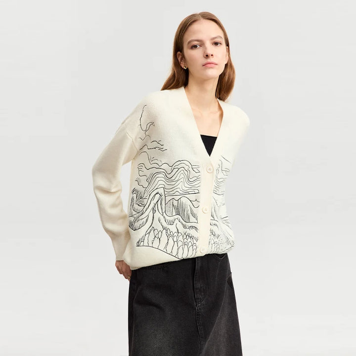 Autumn Wool Cardigan Women V-Neck Embroidered Loose Knitted Sweater