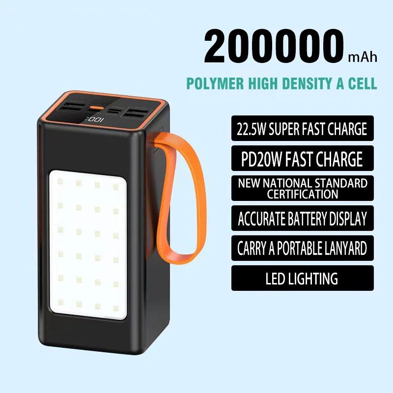 Ultra-Capacity 200000mAh Power Bank with 66W Fast Charge and LED Light