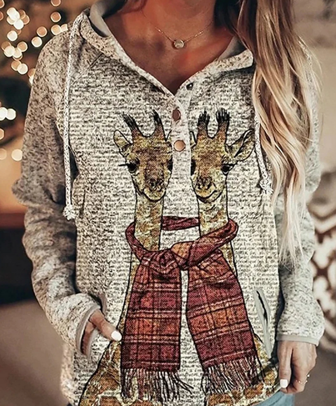 Women's Animal Wolf Print Casual Hoodie