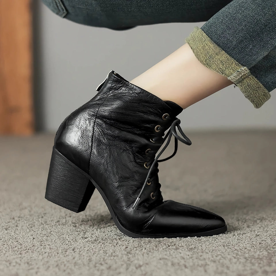 Women's Genuine Leather Pointed Toe Chunky Ankle Boots