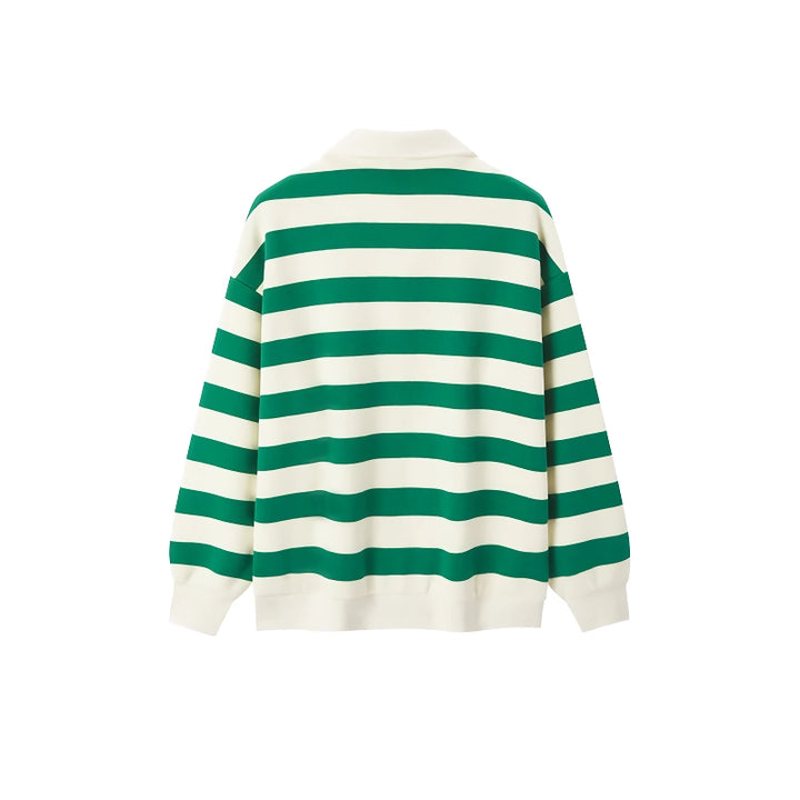 Oversized Waffle Texture Striped Polo Collar Sweatshirt