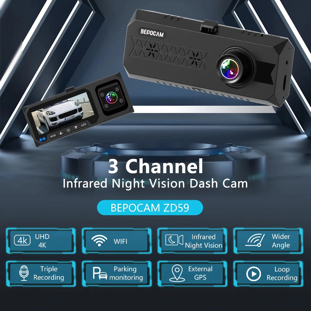 3 Lens Wi-Fi Dash Camera with Infrared Night Vision – 4K + 1080P