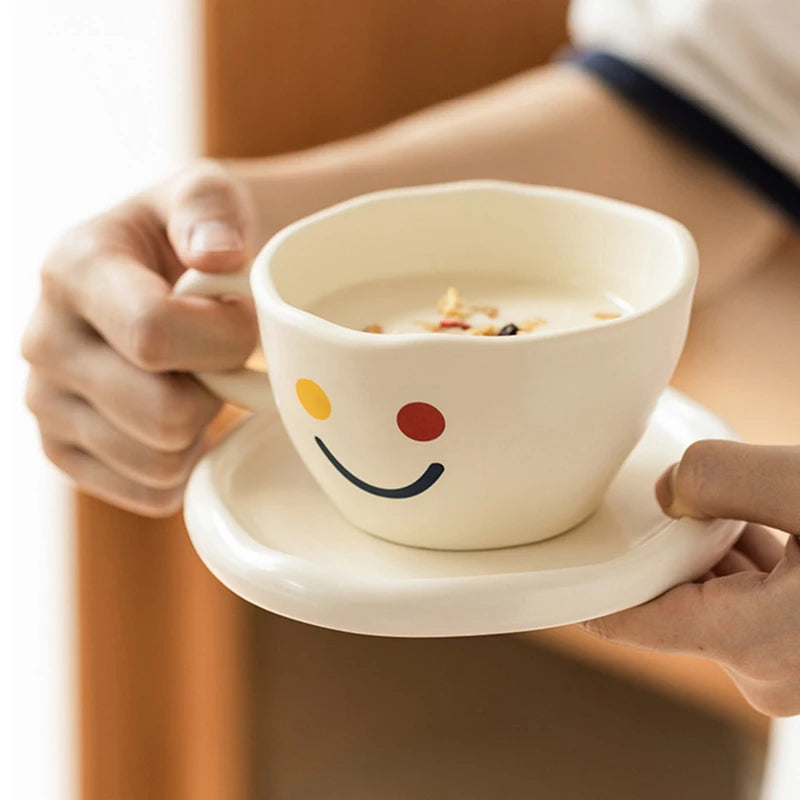 Creative Smiley Ceramic Coffee Cup and Saucer Set