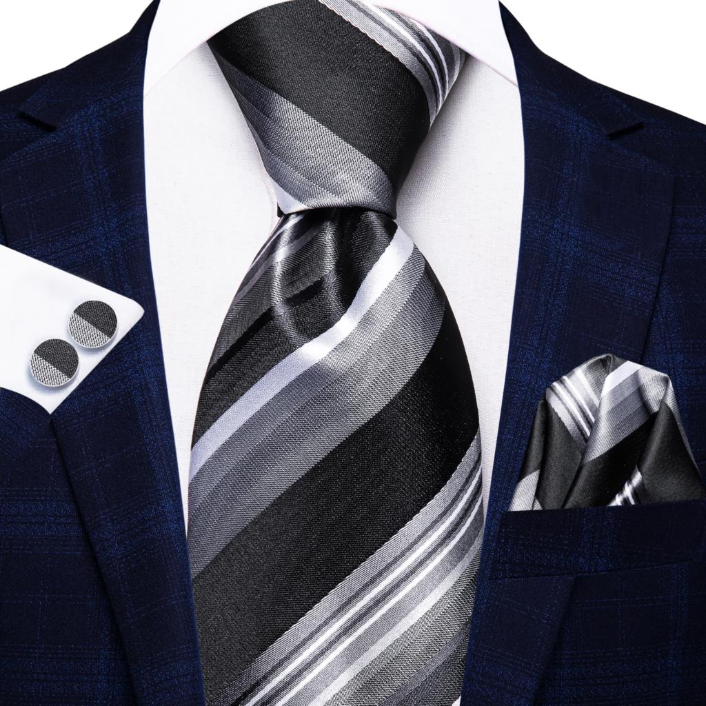 Elegant Black Grey Striped Men's Necktie with Matching Cufflinks and Handkerchie