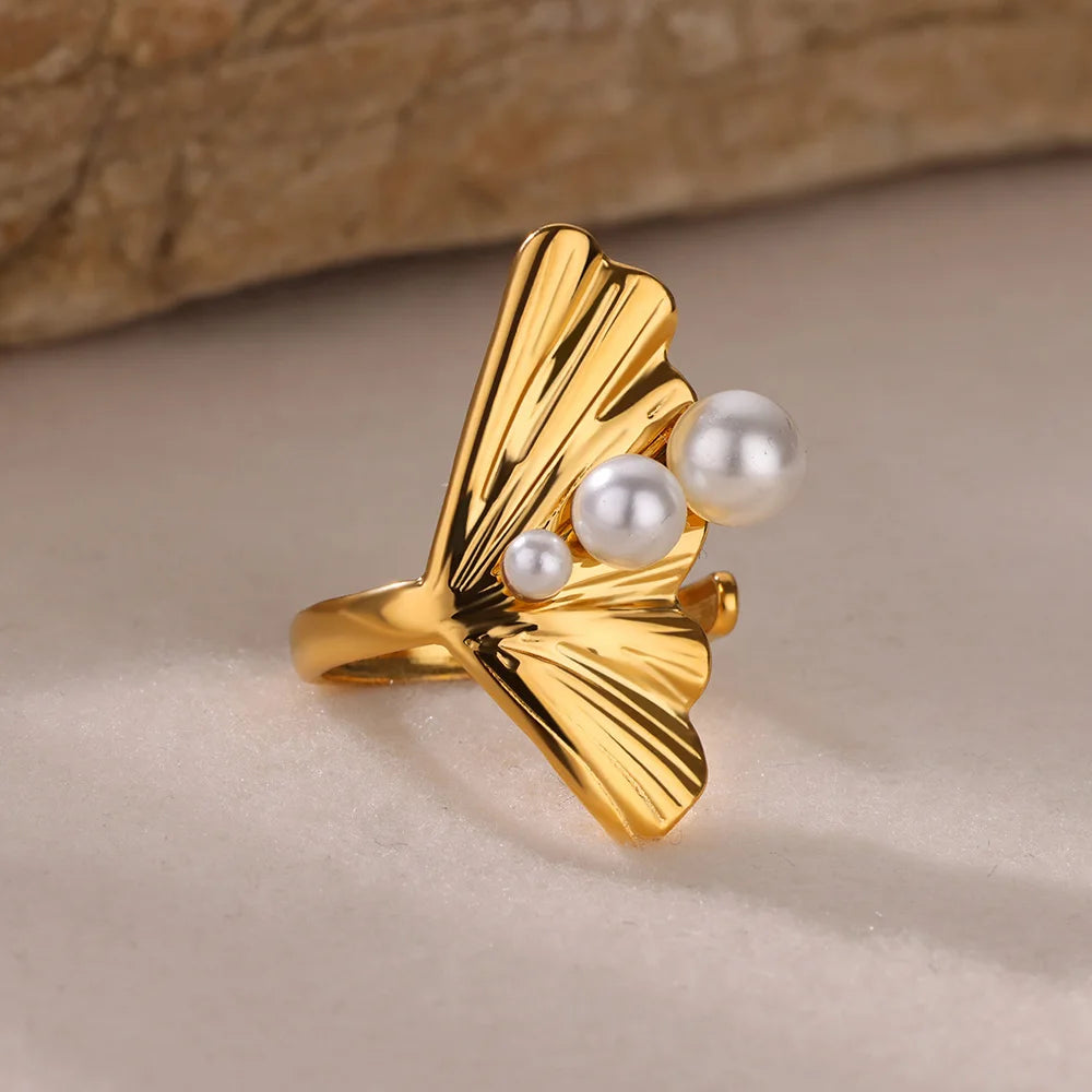 Mermaid Tail Stainless Steel Ring with Imitation Pearls – Luxury Women's Jewelry