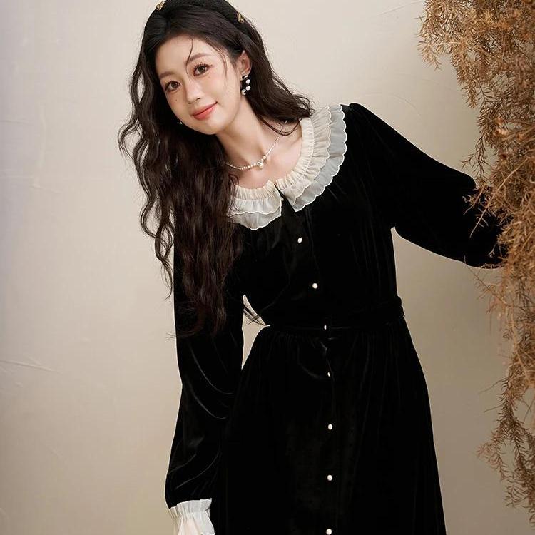 Elegant Women's Velvet Button Down Dress for Autumn/Winter