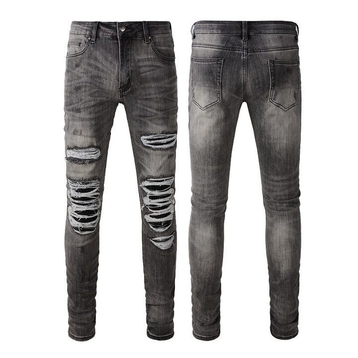 Non-mainstream Personality Patch Jeans Men's Cover Damage Gray Casual Pants