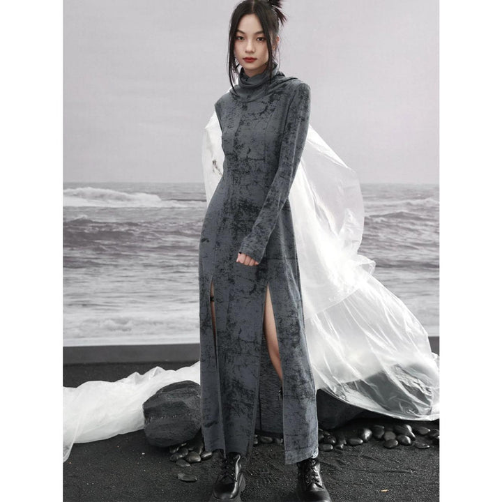 Elegant Dark Black Hooded High Neck Dress for Autumn