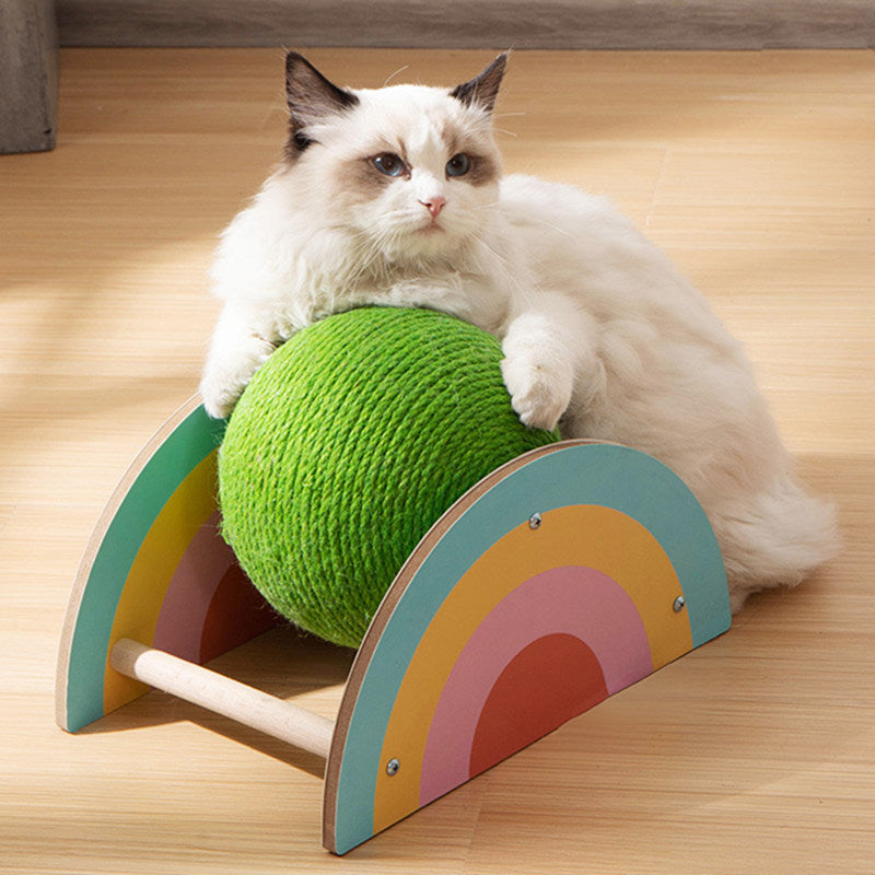 Wooden Sisal Cat Scratcher with Double Tier Green Scratch Ball