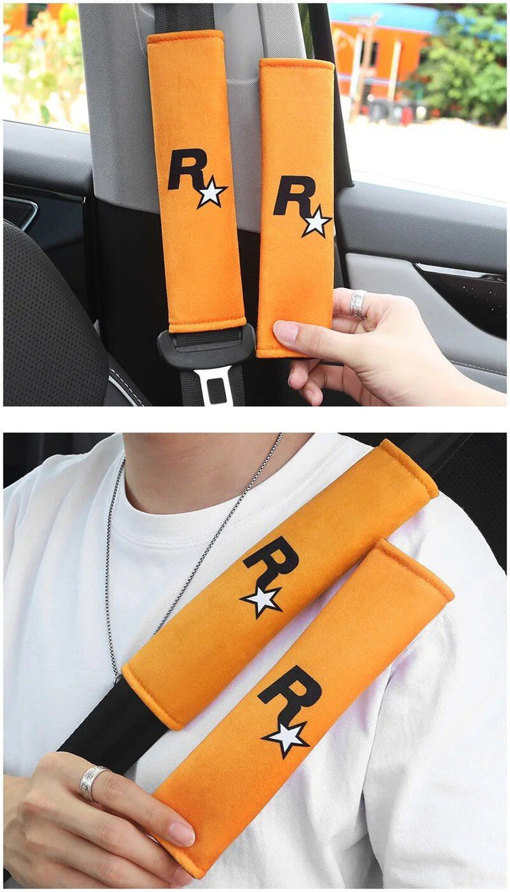 2pcs Yellow Car Seat Belt Covers with GTA Auto 5 Design