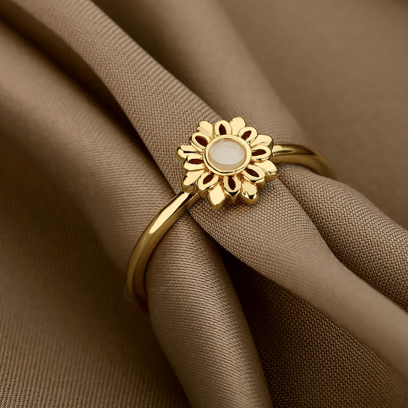 Opal Gemstone and Pearl Vintage Lotus Flower Ring in Stainless Steel
