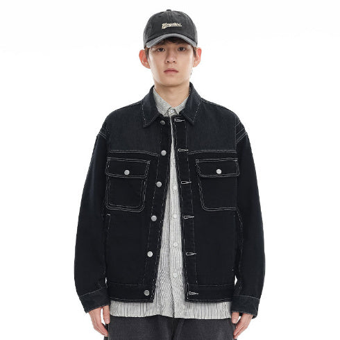 Color Stitching Turnover Neck Denim Coat Men And Women Cityboy Loose Workwear Casual Jacket