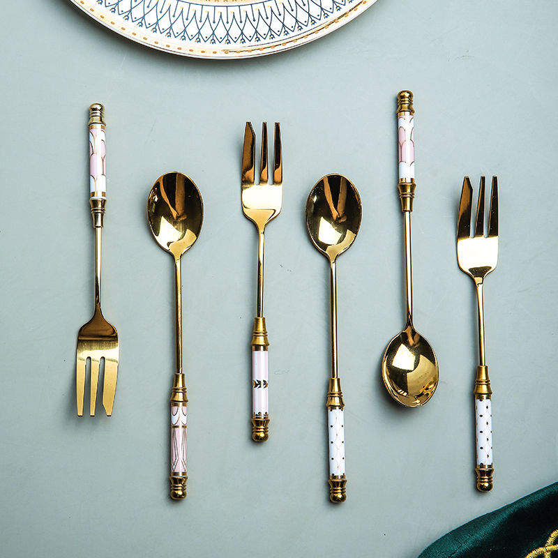 Elegant Vintage Gold and Ceramic Coffee Dessert Fork and Spoon Set