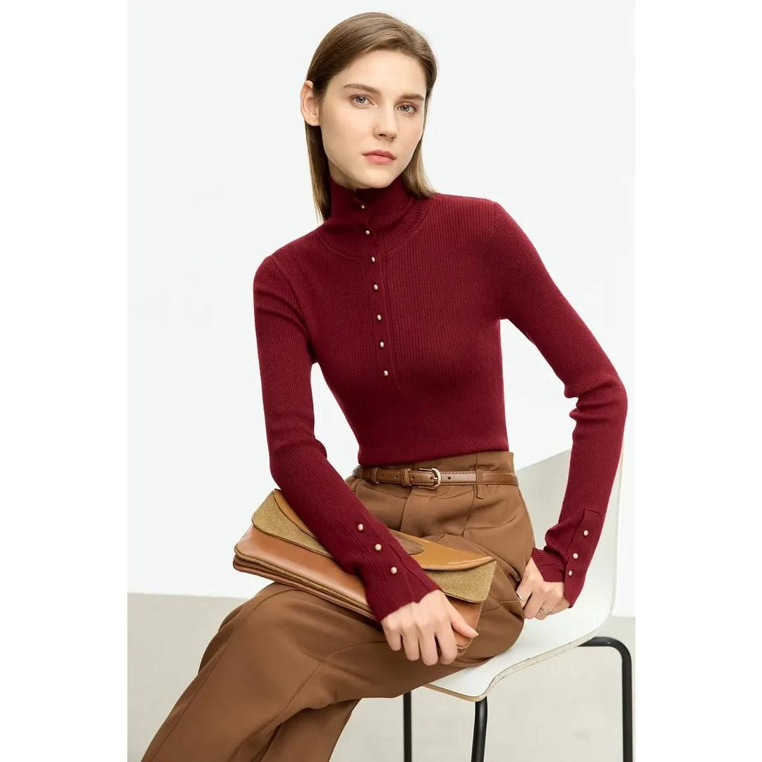 Elegant Slim Fit Turtleneck Sweater with Chic Button Detail