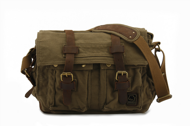 Men Casual Canvas Cowhide Big Crossbody Shoulder Bag