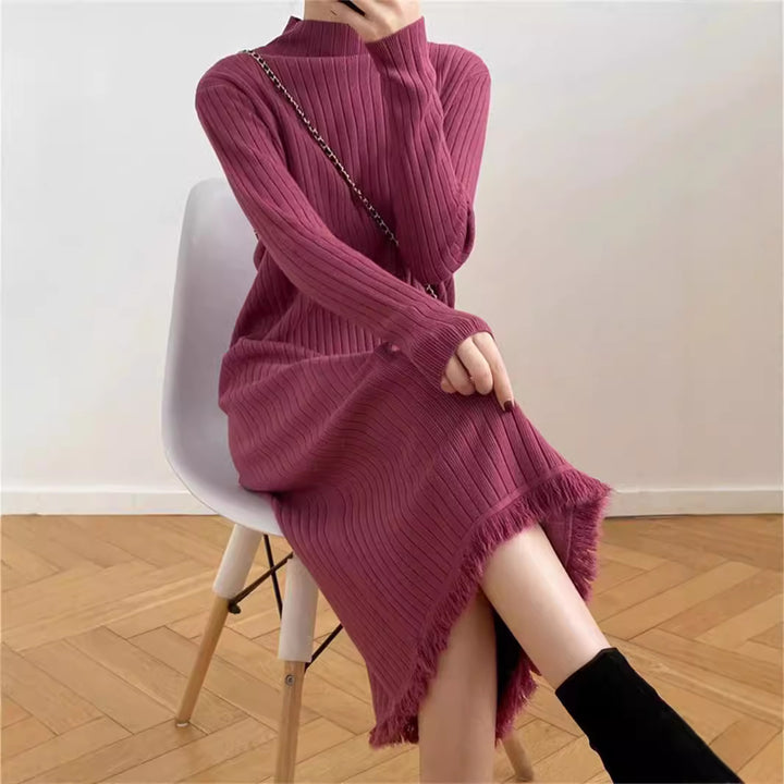 Mock Neck Sweater Women's Mid-length Below-the-knee Coat Base Ride Tassel Knitted