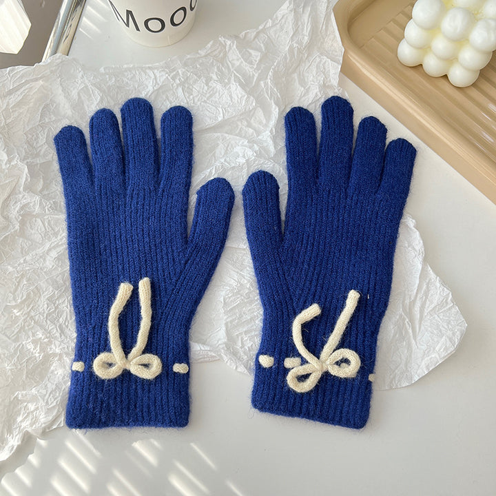 Autumn And Winter New Bow Pure Color Warm Keeping Finger Gloves