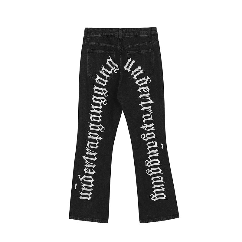 Retro Back Gothic Alphabet Embroidery Ripped Micro Horn Denim Pants