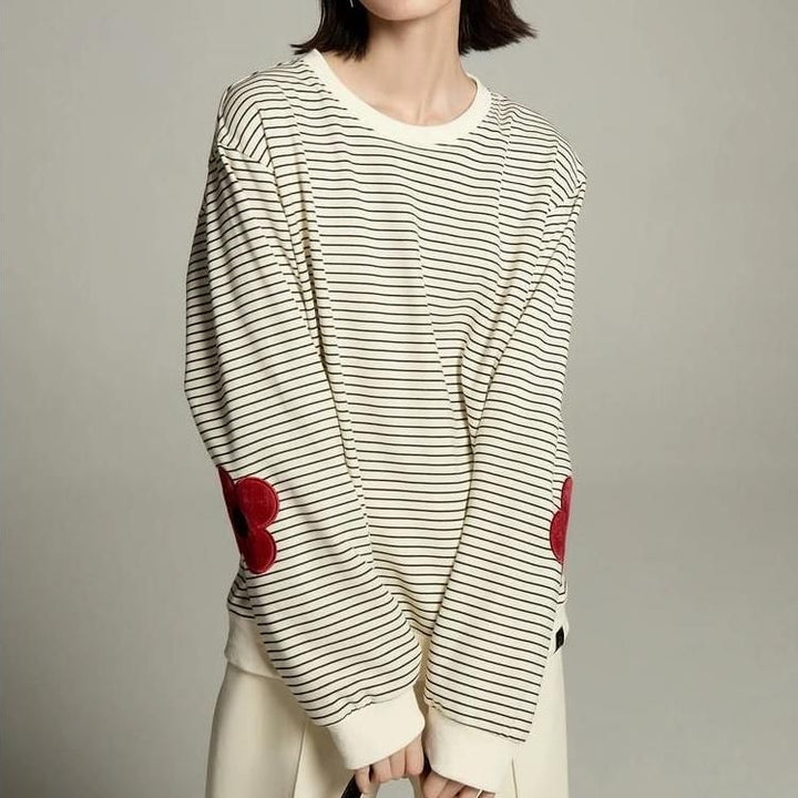 Women's Black and White Stripes Flower Embroidery Sweatshirt